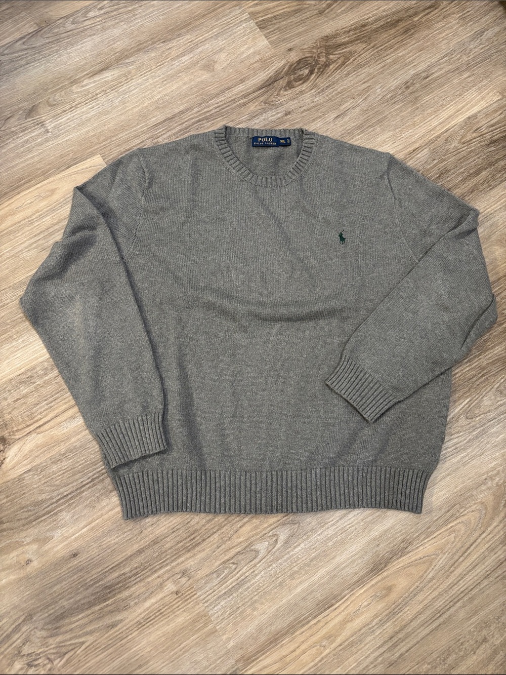 Men’s Cotton Polo by Ralph Lauren Gray Crewneck Sweater with Green Polo Pony